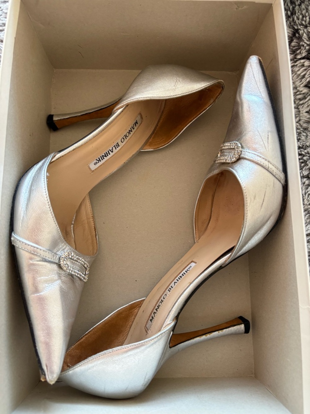 Manolo Blahnik Trolopado Silver Nappa Leather D'Orsay Pumps with Crystal Buckle. - Picture 5 of 15